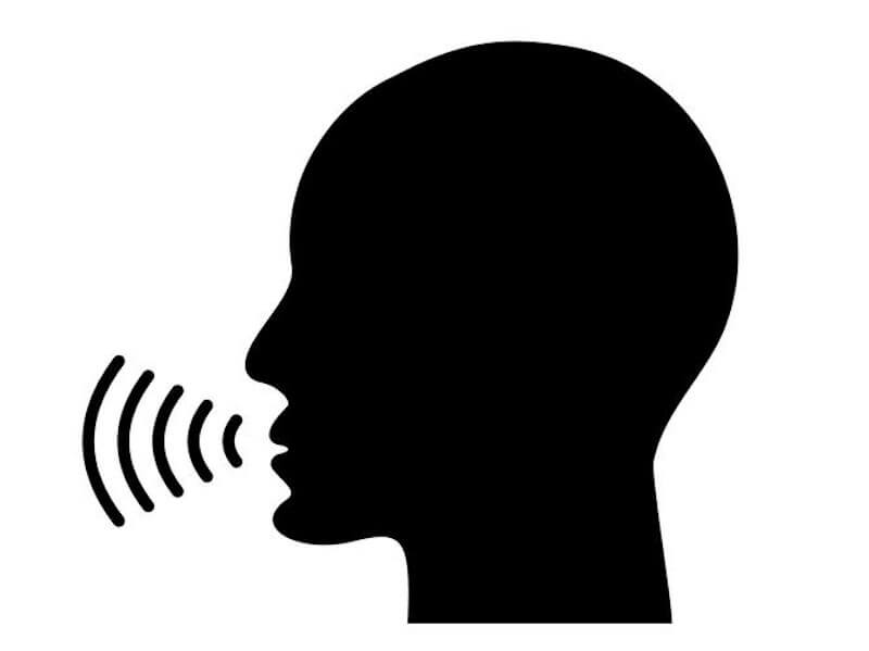 A graphical representation of a bald silhouette with half circles echoing from the mouth
