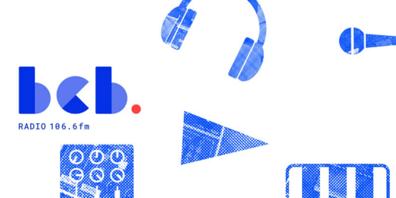 A graphical representation of all things radio related tinted blue on white background