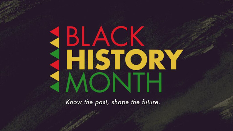 Black history month logo with red, green and yellow triangles on its side, the words, Know the past, shape the future underneath it