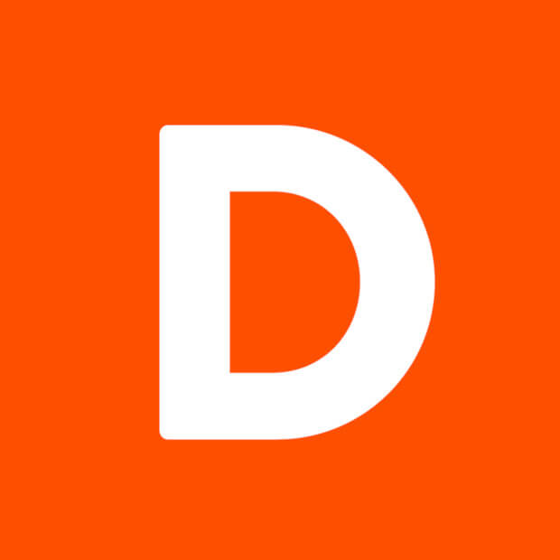 A large, rounded, capital D in white over an orange square logo