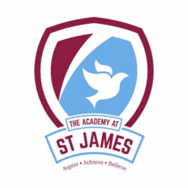School logo with colours of pastel blue and dark maroon